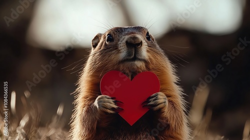 Groundhog holding red heart shape against bokeh background. Valentine wildlife concept photo