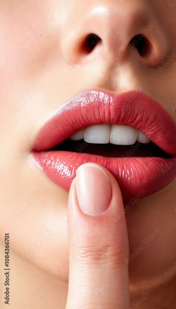 Obraz premium Close-up of a woman's lips with glossy lipstick and manicured fingernail gently touching them, exuding allure and elegance with soft, natural tones.