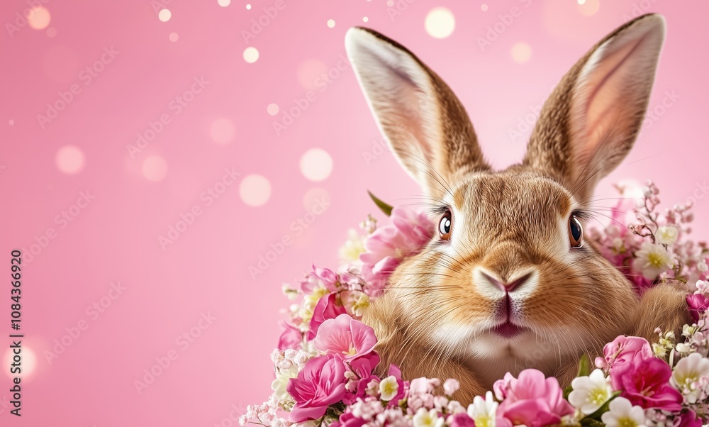 Fototapeta premium Brown rabbit among pink roses and white flowers against bokeh background. Spring celebration concept