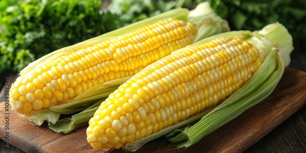 Two vibrant corn cobs sit on a wooden board, surrounded by fresh greens, ready for preparation Two vibrant corn cobs sit on a wooden board, surrounded by fresh greens, ready for preparation