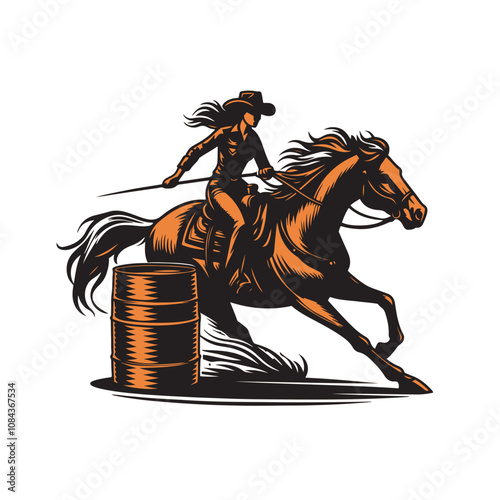 A cowgirl riding a  horse in a barrel racing competition