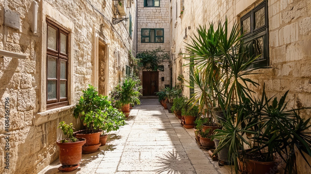 Fototapeta premium Serene Courtyard Surrounded by Stone Buildings and Plants