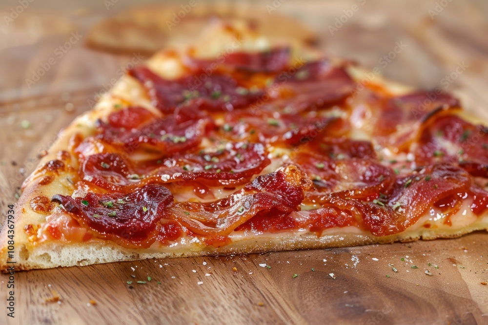 Delicious slice of pizza with bacon is resting on a wooden board Delicious slice of pizza with bacon is resting on a wooden board