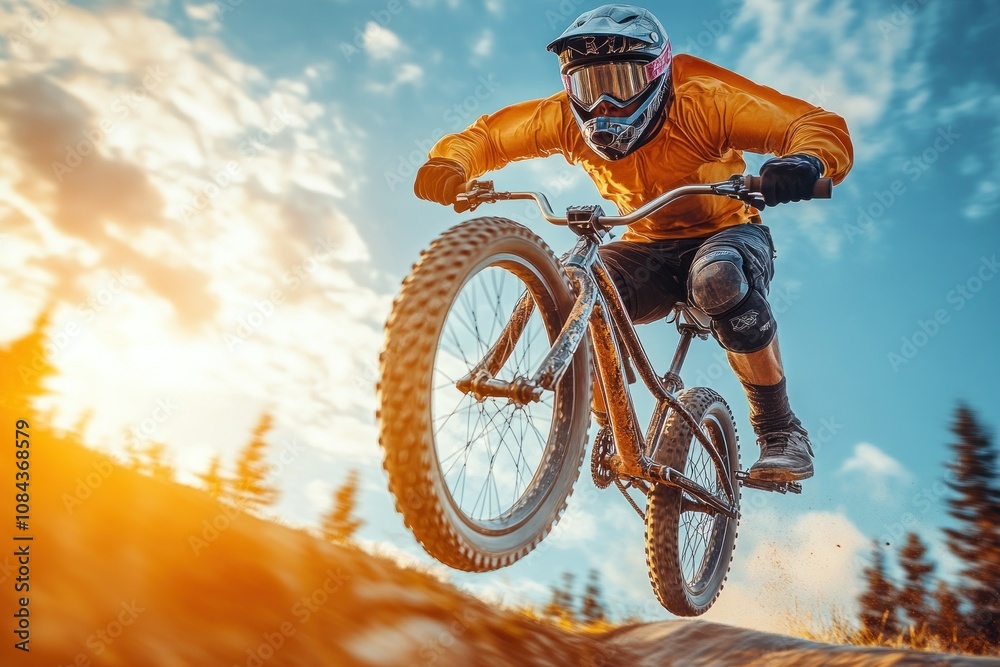 Naklejka premium BMX rider performing a trick against a bright sky at sunset, showcasing skill and bike design