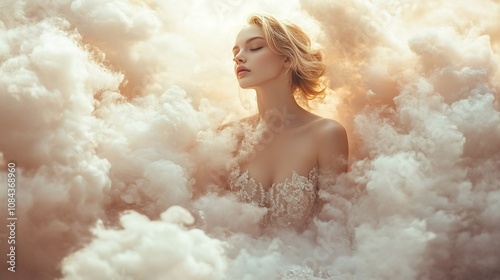 A beautiful woman with blonde hair and closed eyes, surrounded by clouds in a dreamy and ethereal setting.