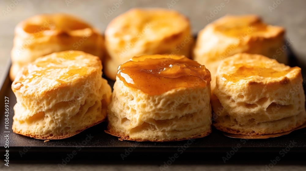 Close-up of freshly baked biscuits topped with honey glaze, arranged on a baking tray, showcasing their light and fluffy texture. Close-up of freshly baked biscuits topped with honey glaze, arranged on a baking tray, showcasing their light and fluffy texture.