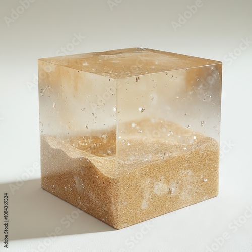 front view of a transparent methacrylate rectangular cube completely filled with sand, photorealistic, white background, product design photo