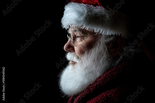 Santa claus wearing glasses and smiling on dark background
