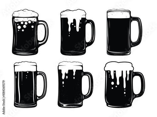 Black silhouette Glass mug of beer. Hand drawn vector illustration isolated on white.