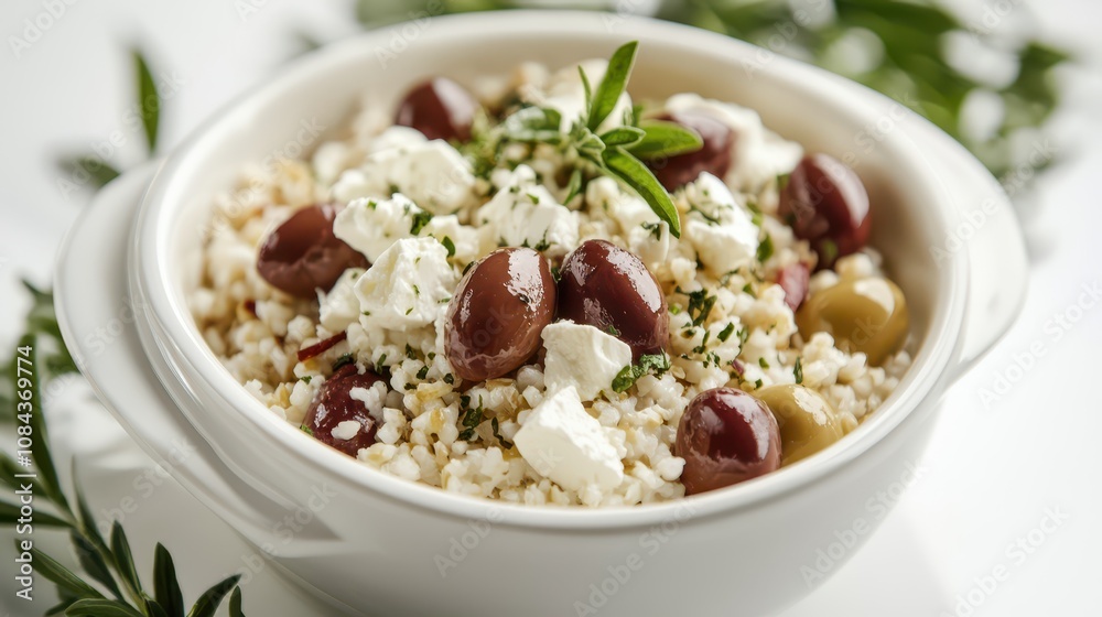 Mediterranean Grain Bowl with Feta and Olives: Professional Flat Lay Photography, Fresh Herbs, Clean Composition, Negative Space, and Soft Natural Lighting. Mediterranean Grain Bowl with Feta and Olives: Professional Flat Lay Photography, Fresh Herbs, Clean Composition, Negative Space, and Soft Natural Lighting.