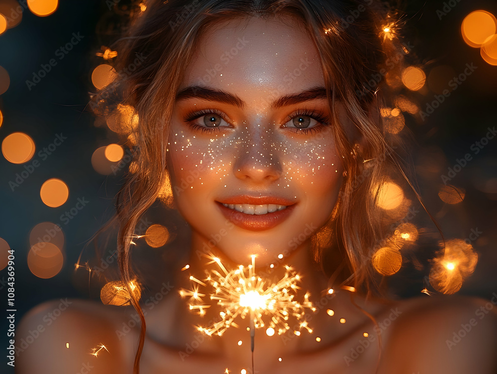 A smiling young woman illuminated by sparkling golden lights holding a lit sparkler, creating a warm festive glow A smiling young woman illuminated by sparkling golden lights holding a lit sparkler, creating a warm festive glow