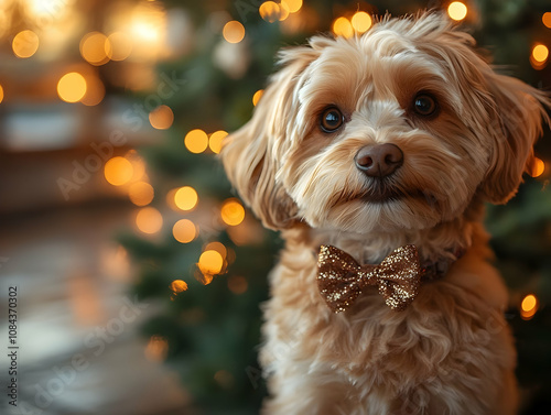 Wallpaper Mural Adorable small dog with a golden glittery bowtie sitting in front of a glowing Christmas tree, radiating festive charm Torontodigital.ca