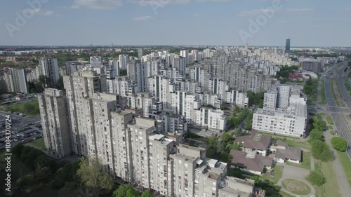 Aerial view of New Belgrade buildings blocks brutalist architecture.