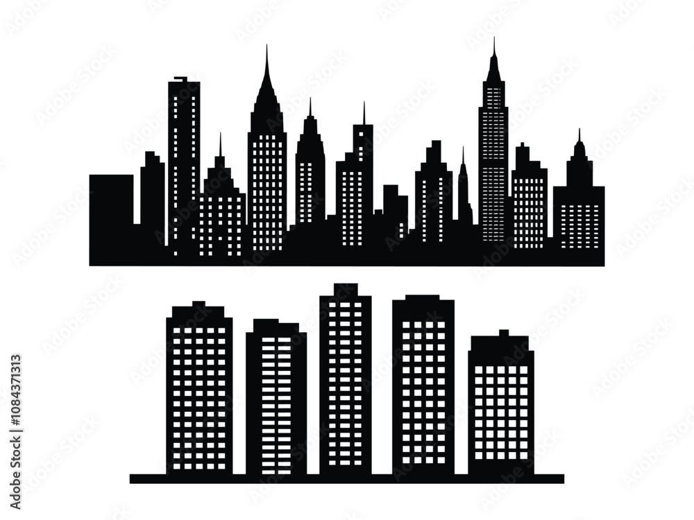 Fototapeta premium City Silhouette Vector Set Urban Skyline Panorama and Border Collection Architecture Design.