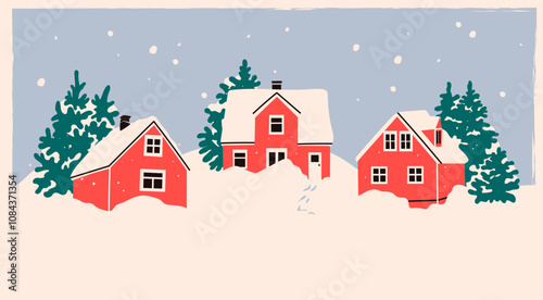 Red Houses in snow, pine trees. Snow village. Scandinavian style home. Hand drawn trendy Vector illustration. Isolated design elements. Building, sweet home, real estate, greeting card, winter concept