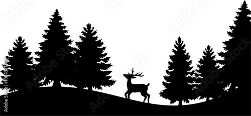 Silhouette of Pine Forest with Deer . christmas background silhouette