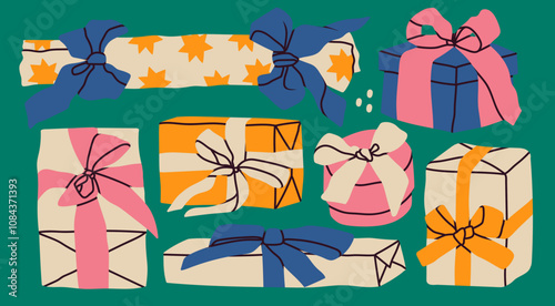 Christmas gift box, wrapped present box with ribbon set. Hand drawn modern Vector illustration. Isolated design elements. Party decoration, present, postcard, New Year celebration, invitation concept