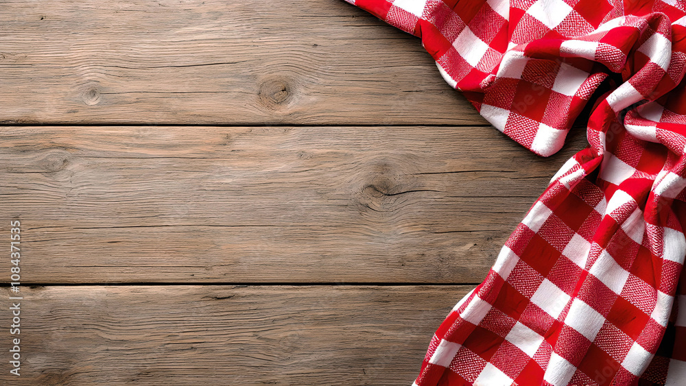 Fototapeta premium Checkered tablecloth on wooden table