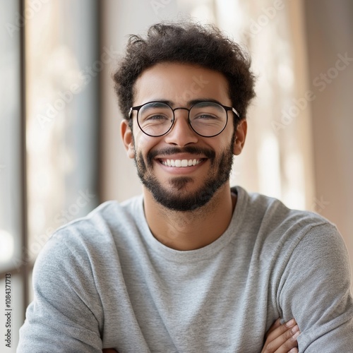 A cheerful man wearing glasses and a gray sweater sits smiling in bright, soft light, embodying warmth and joy. photo