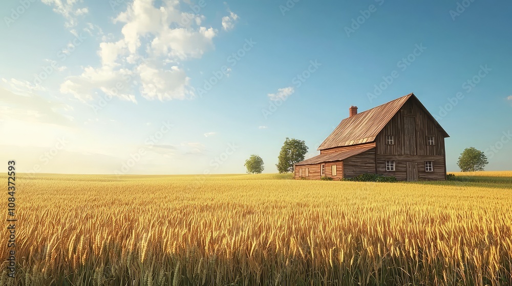 Obraz premium Serene Farmhouse by Golden Wheat Field