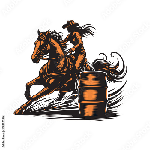 A cowgirl riding a  horse in a barrel racing competition