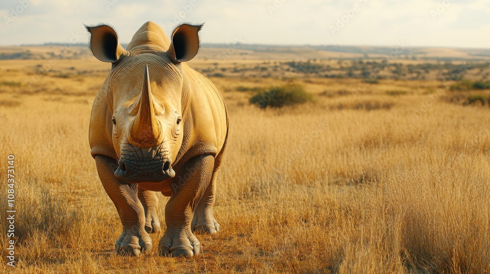 Naklejka premium A majestic rhinoceros standing in a golden grassland under a warm sunlight, symbolizing strength, resilience, and the beauty of wildlife in nature.