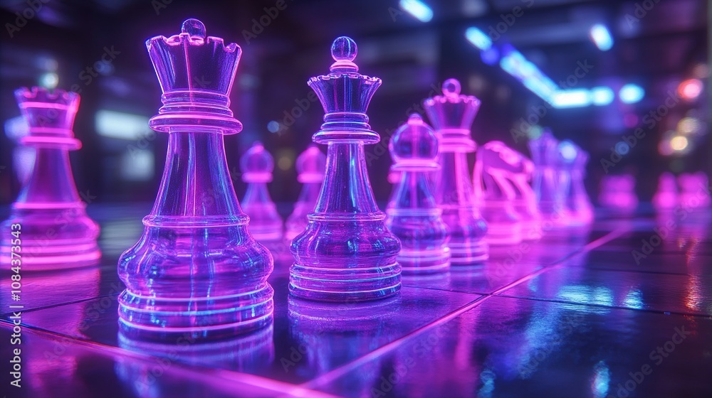 A futuristic chess set with glowing, transparent pieces in a vibrant, neon-lit environment. A futuristic chess set with glowing, transparent pieces in a vibrant, neon-lit environment.