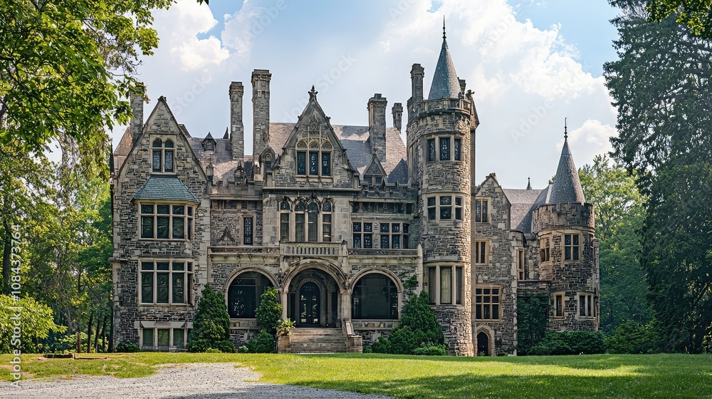 Fototapeta premium Gothic Revival Castle with Turrets and Arches