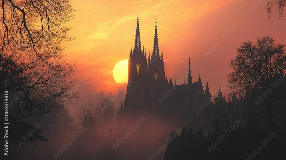 Naklejka premium Gothic Revival Church at Dawn with Spires Silhouette