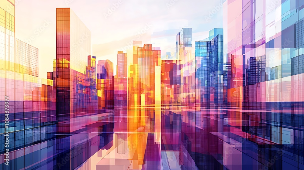 Obraz premium Abstract cityscape background with glass buildings and reflections, representing modern architecture, urban development, or business concept. Digital illustration with geometric shapes of transparent