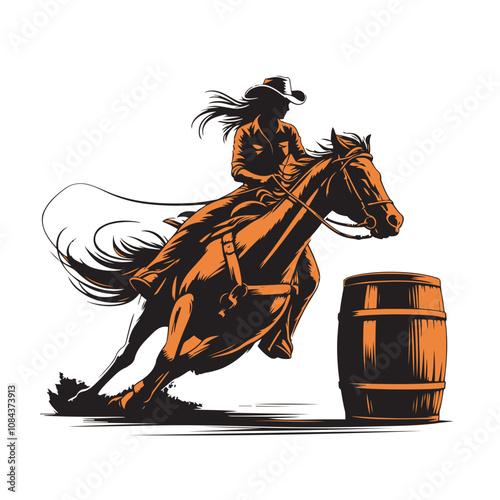 A cowgirl riding a  horse in a barrel racing competition