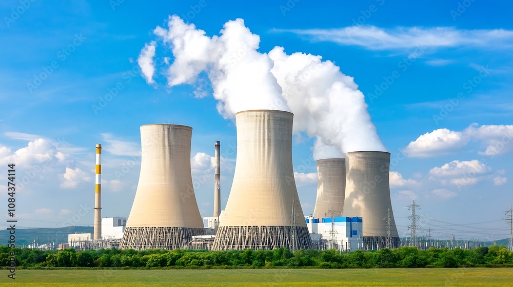 Nuclear Power Plant Cooling Towers with Steam Billowing into Blue Sky Nuclear Power Plant Cooling Towers with Steam Billowing into Blue Sky