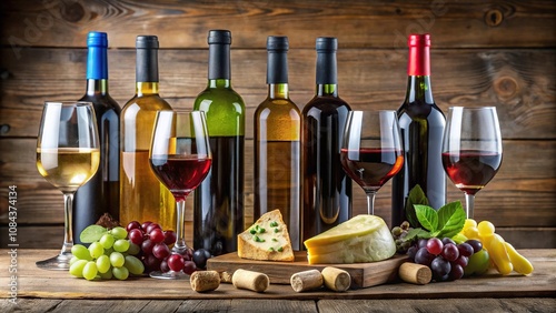 A group of wine bottles arranged on a wooden table with a few glasses and a cheese board, selection, curated, cellar, gourmand photo