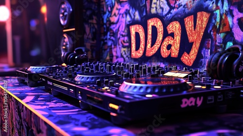 DJ Mixer Setup with Graffiti Background photo