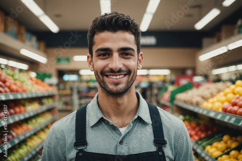 Close portrait of a smiling young Jordanian male grocer standing and looking at the camera, Jordanian grocery store blurred background