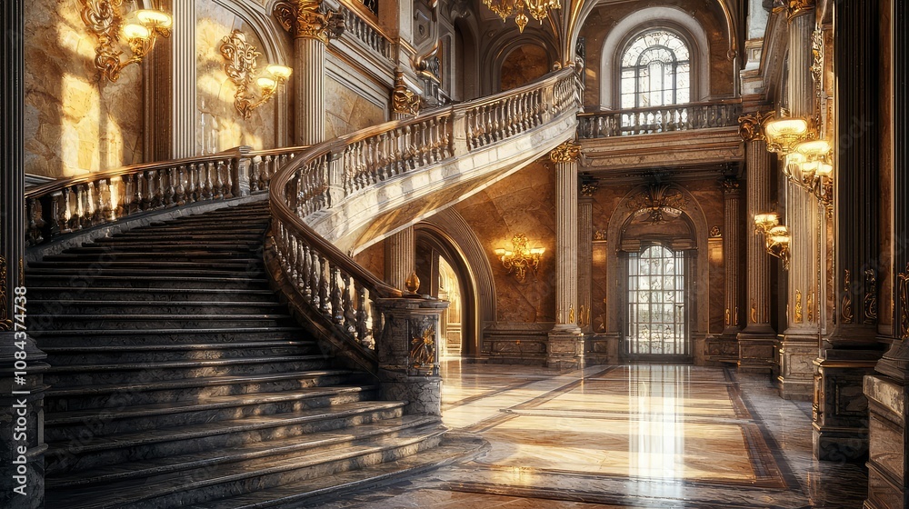 Obraz premium Elegant Stone Staircase with Ornate Lighting and Foyer