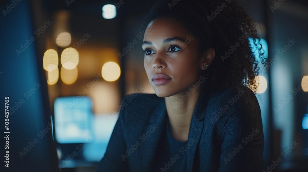 Young businesswoman working late at night in office, looking away from computer screen, thinking.
