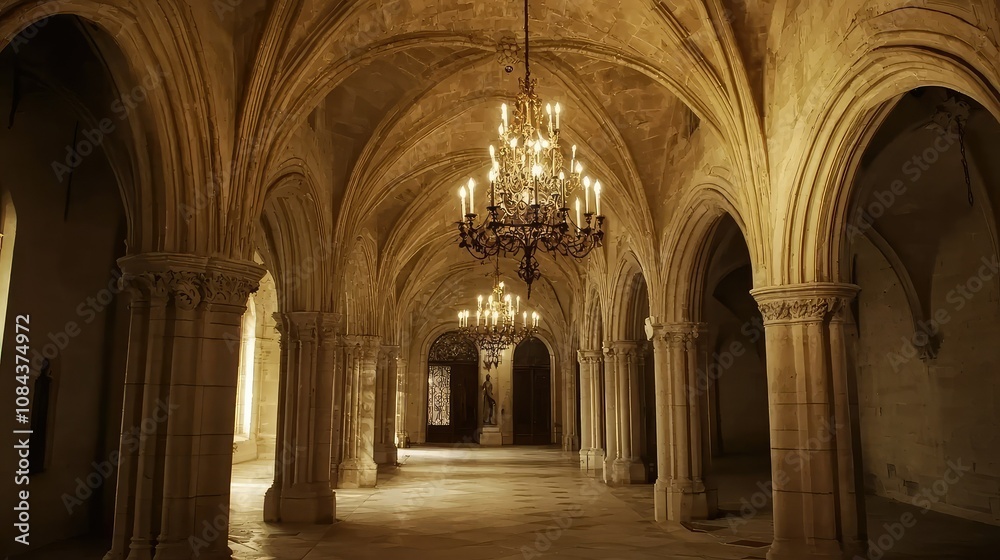 Grand Gothic Revival Hallway with Tall Arches Grand Gothic Revival Hallway with Tall Arches