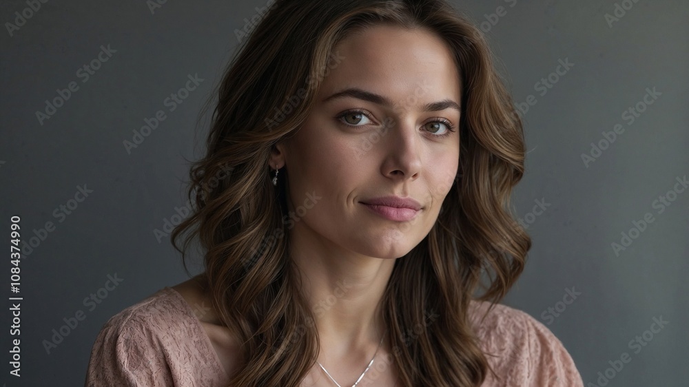 Fototapeta premium Elegant woman with natural beauty wearing light pink dress and silver necklace