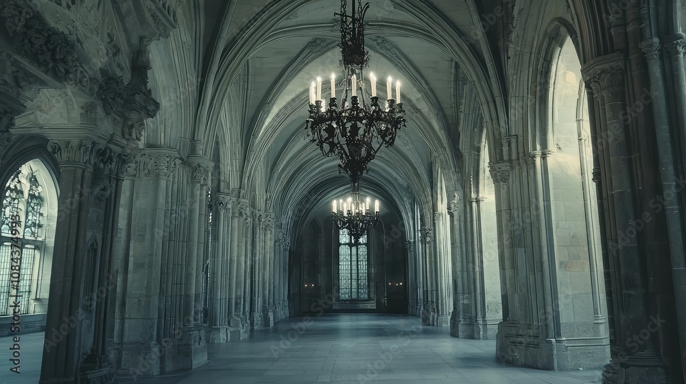Fototapeta premium Grand Gothic Revival Hallway with Stone Arches