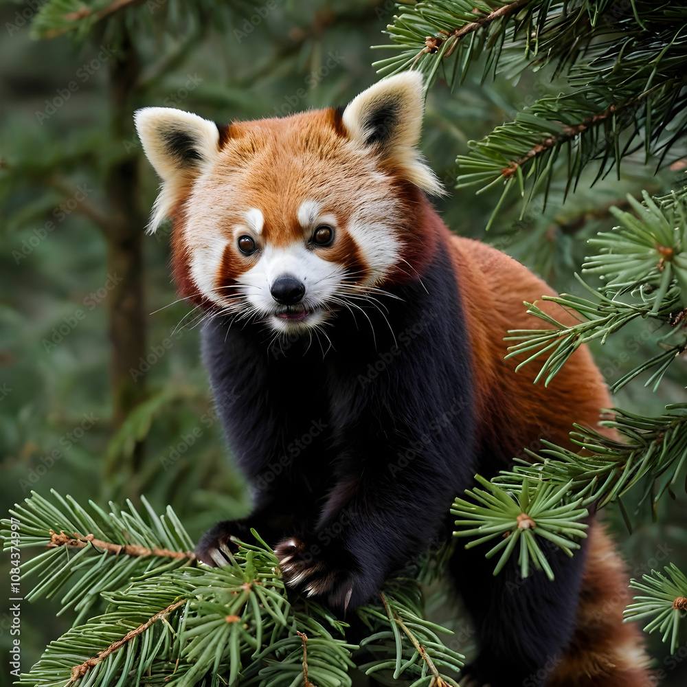 Obraz premium Closeup shot of a red panda on a fir tree in the wild