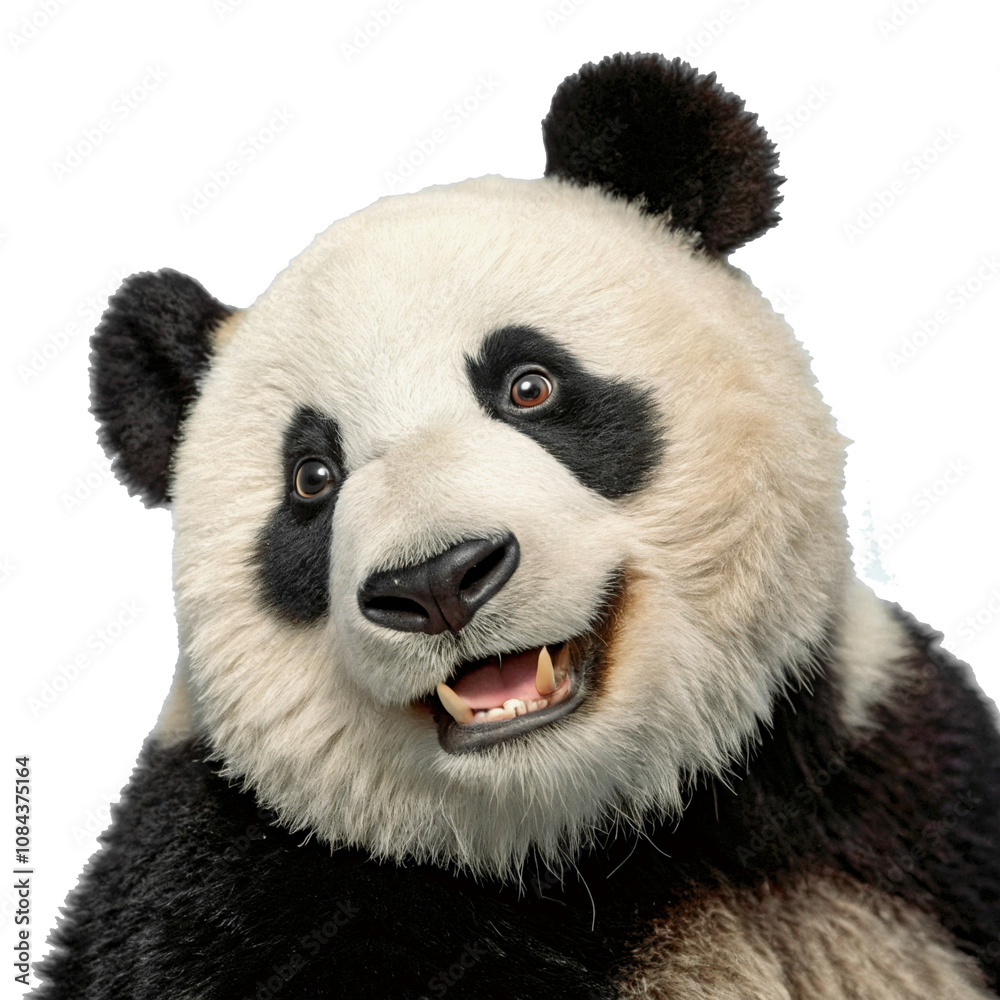 A panda with a friendly expression, open mouth showing teeth, slightly turned toward the camera. A panda with a friendly expression, open mouth showing teeth, slightly turned toward the camera.