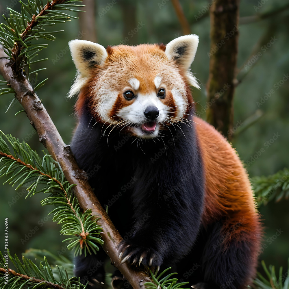 Fototapeta premium Closeup shot of a red panda on a fir tree in the wild