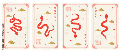 Vector set of Happy Chinese New Year 2025 vertical posters with a snake and clouds. Vector illustration