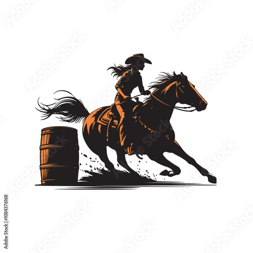 A cowgirl riding a  horse in a barrel racing competition