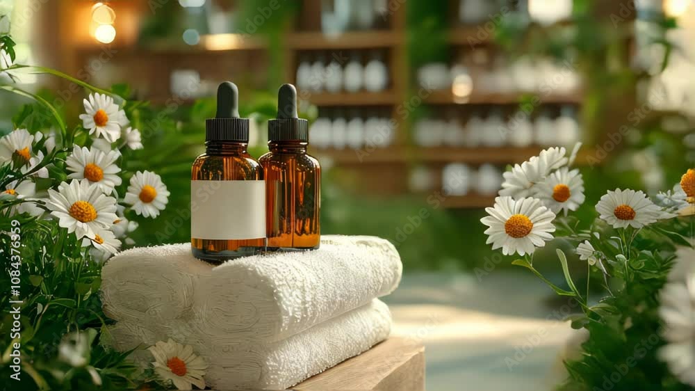 Essential oils in amber bottles with white daisies on a soft towel, creating a spa and wellness atmosphere Essential oils in amber bottles with white daisies on a soft towel, creating a spa and wellness atmosphere