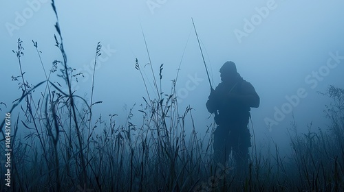 Hunter in Early Morning Fog Setting