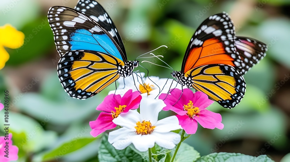 Obraz premium Two Colorful Butterflies Perched on Pink and White Flowers