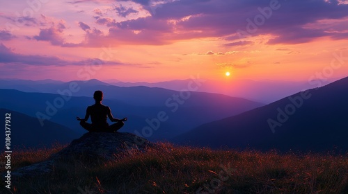 A person meditating on a rock at sunset, surrounded by mountains and nature.