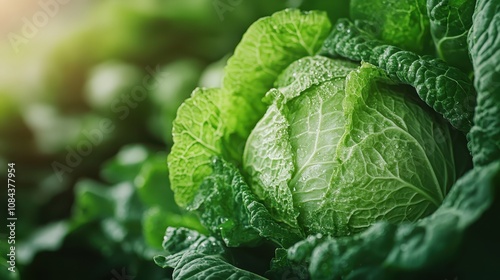 Close-up shot of cabbage leaves adorned with water droplets, highlighting freshness and purity, symbolizing hydration and nature's life-giving essence. photo